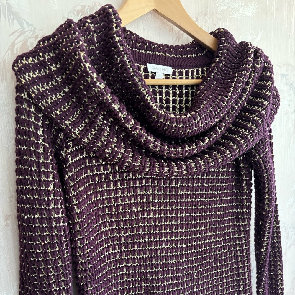 Cache Purple & Gold Knit Sequin Off Shoulder Cowl Neck Sweat…